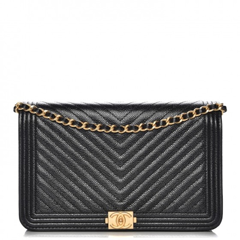 Chanel Boy Wallet On Chain Chevron Caviar Gold-tone Black