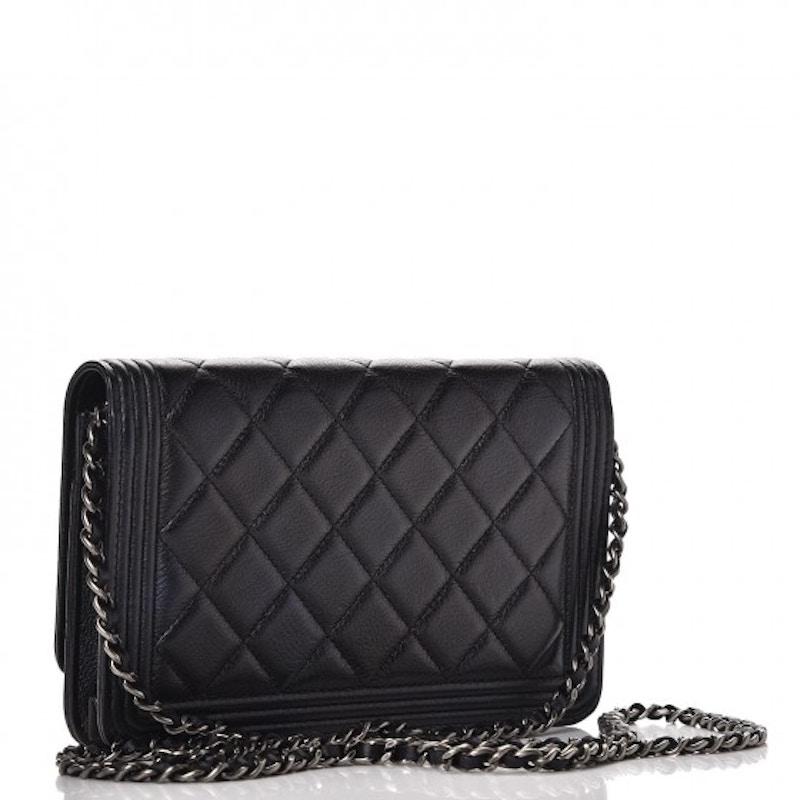 Order Dompet Rantai Chanel Boy Kulit Anak Sapi Quilted Warna Hitam Rutenium