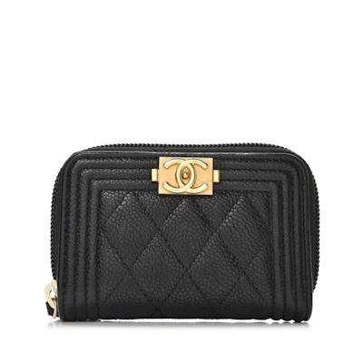 Chanel Boy Zip Around Coin Purse Wallet Quilted Caviar Gold-Tone Black