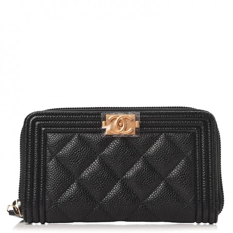 Chanel Boy Zip Around Wallet Quilted Caviar Matte Gold-tone Small Black