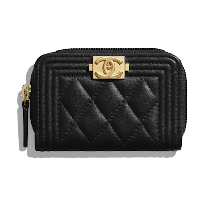 Chanel Boy Zipped Coin Purse Quilted Lambskin Gold-tone Black