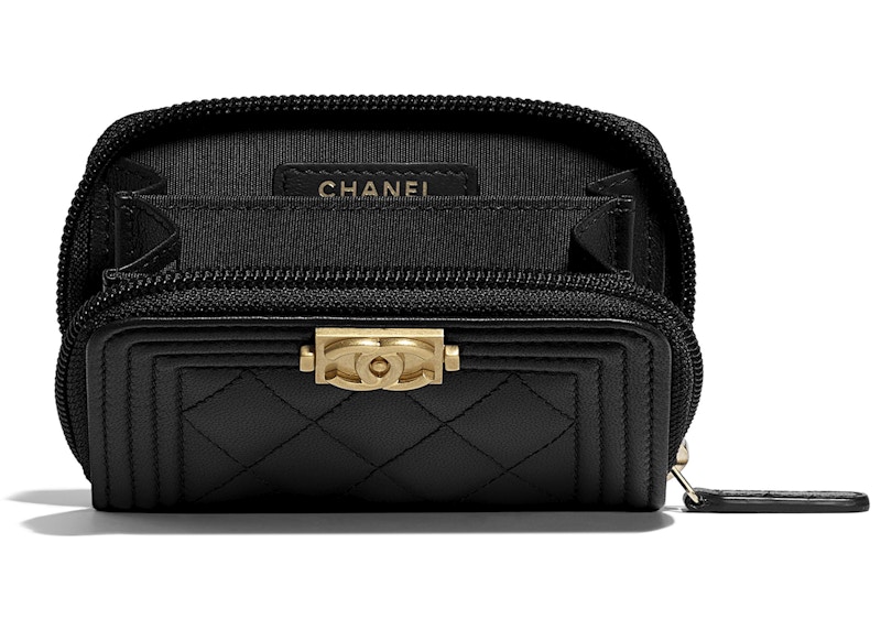 Lookbook 香奈兒Boy拉鏈零錢包 絎縫小羊皮 金色 黑色
