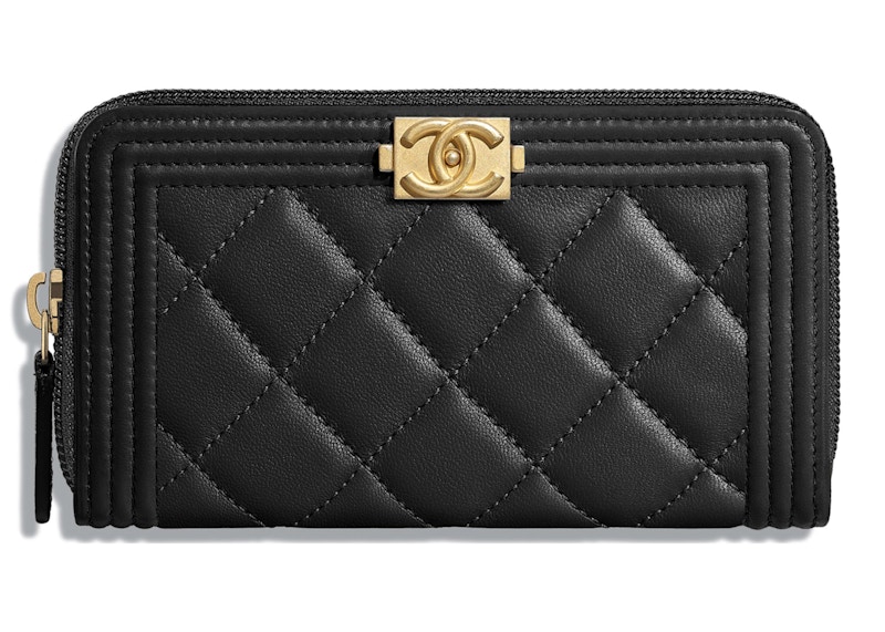 Chanel Boy Zipped Wallet Quilted Lambskin Gold-tone Black