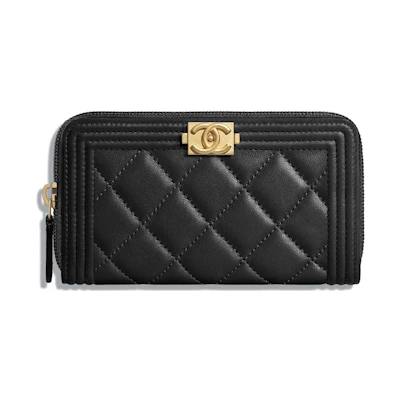 Chanel Boy Zipped Wallet Quilted Lambskin Gold-tone Black