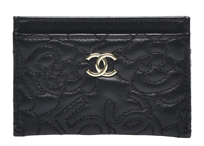 Chanel Card Holder Camellia Embossed Lambskin Black
