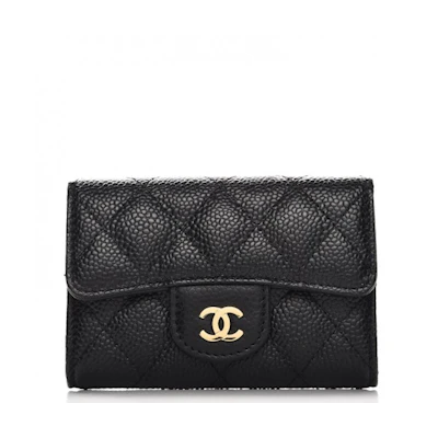 Chanel Card Holder Quilted Caviar Gold-tone Black