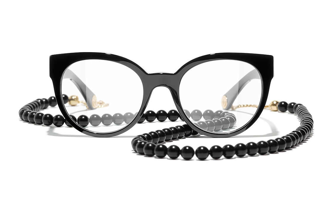 CHANEL Cat-Eye Optical Glasses Black with Side Logo and Beaded Chain. CH3444-C622