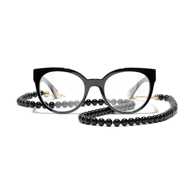 CHANEL Cat-Eye Optical Glasses Black with Side Logo and Beaded Chain. CH3444-C622
