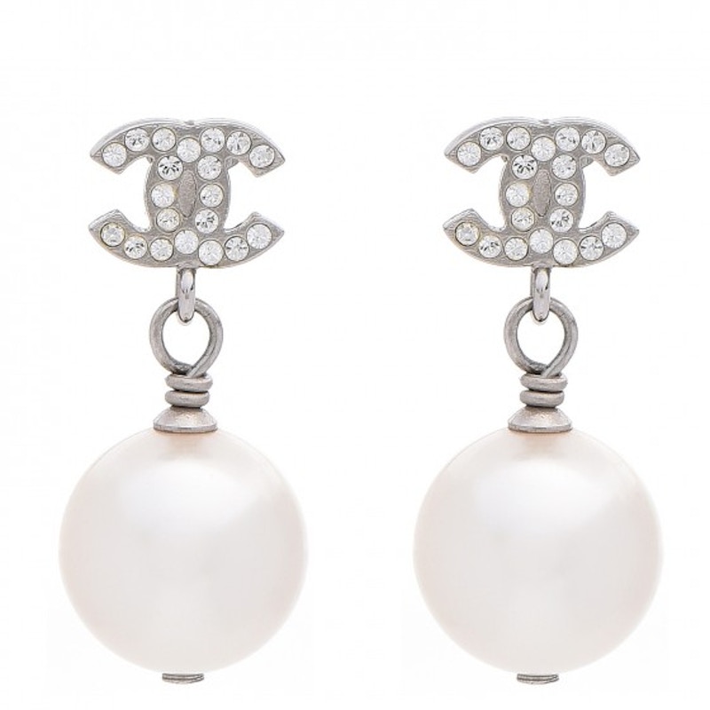 Chanel CC Drop Earrings Crystal Pearl Silver
