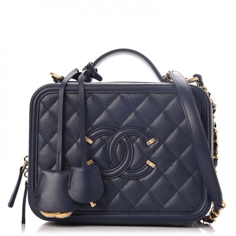 Chanel CC Filigree Vanity Case Quilted Medium Navy Blue