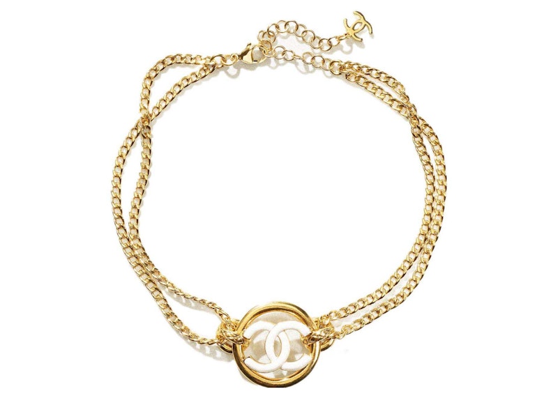 Chanel CC Logo Choker Necklace Gold/White (AB8355)