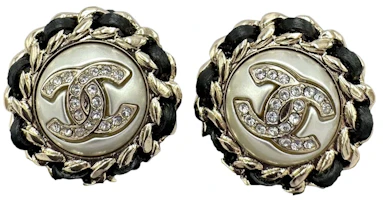 Chanel CC Logo Crystal Pearl Chain Stud Earrings AB4703 Gold/Pearly White/Black/Crystal Chanel CC Logo Crystal Pearl Chain Stud Earrings AB4703 Gold/Pearly White/Black/Crystal