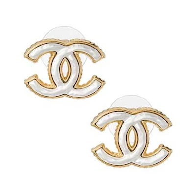 Chanel CC Logo Earrings Gold/White (ABB004)