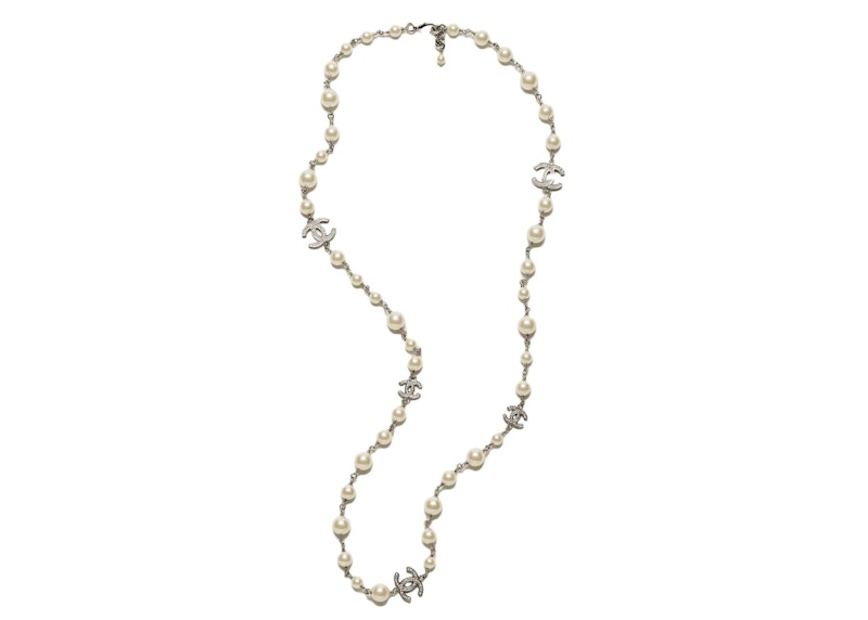 Chanel CC Logo Long Necklace Rhinestone Necklace Silver/Pearl (A36121)