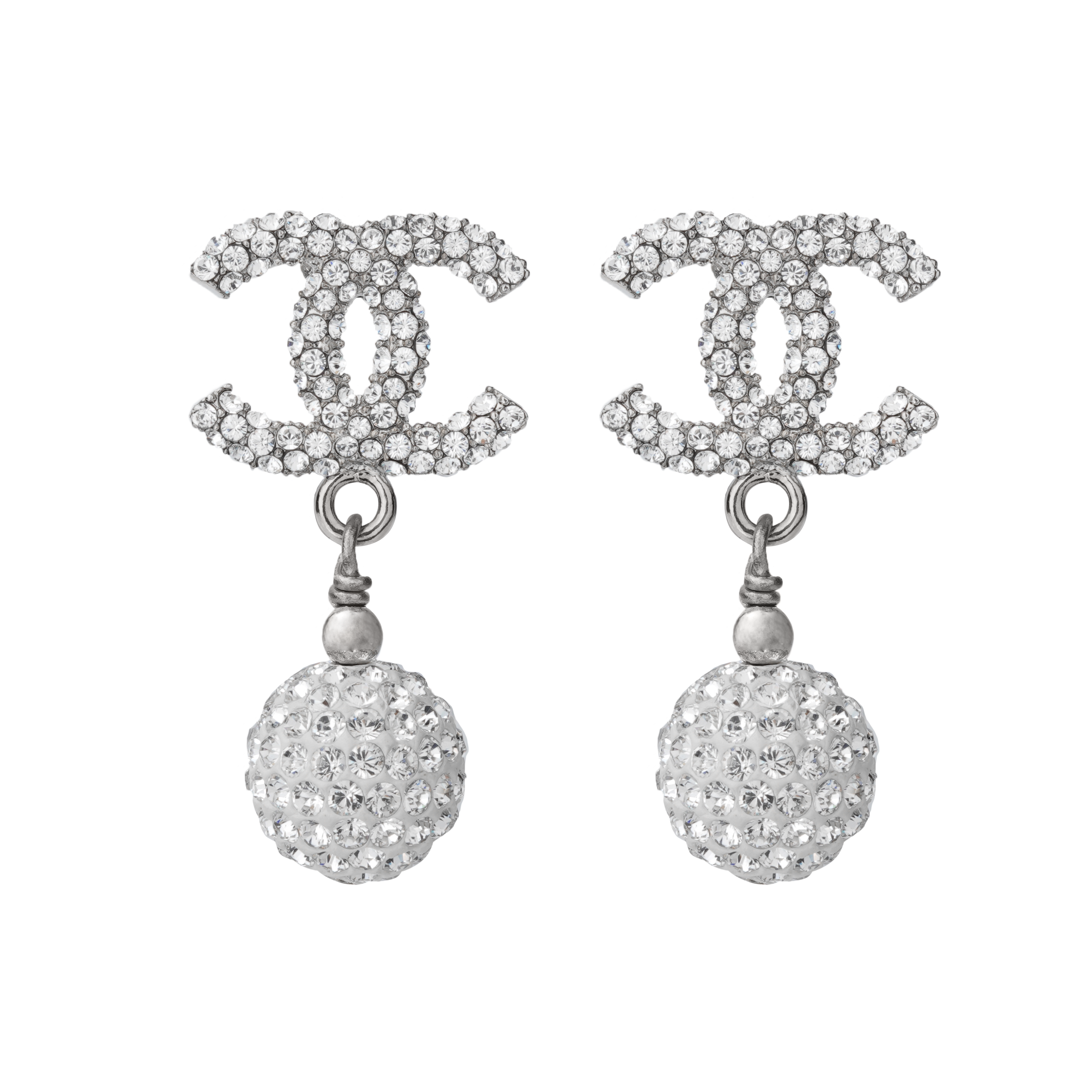 CHANEL Classic Double C Logo Pearl Pendant Full Rhinestone Earrings. A58328-Y47165-Z5780
