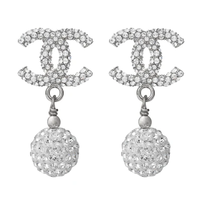 CHANEL Classic Double C Logo Pearl Pendant Full Rhinestone Earrings. A58328-Y47165-Z5780