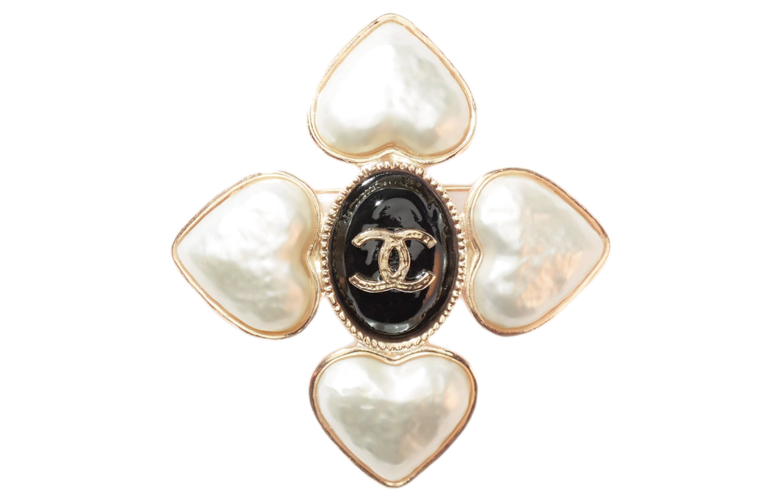 CHANEL Classic Double C Logo Vintage Heart Pearl Brooch Gold/Black. AB7517-B07266-NG293 圖 2