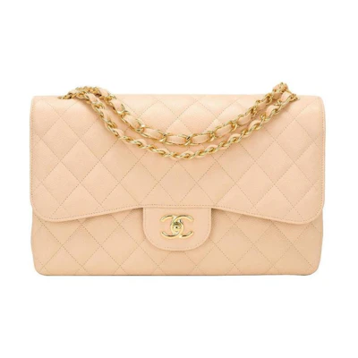 Chanel Classic Double Flap Quilted Caviar Gold-tone Jumbo Beige