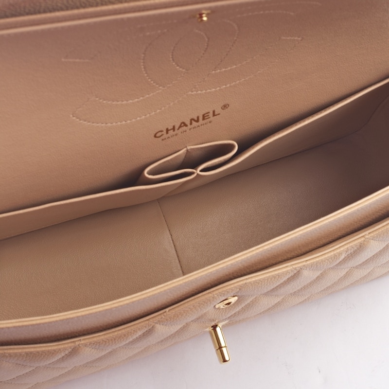 Lookbook 香奈儿经典小羊皮双翻盖金色大号米色肩背包包