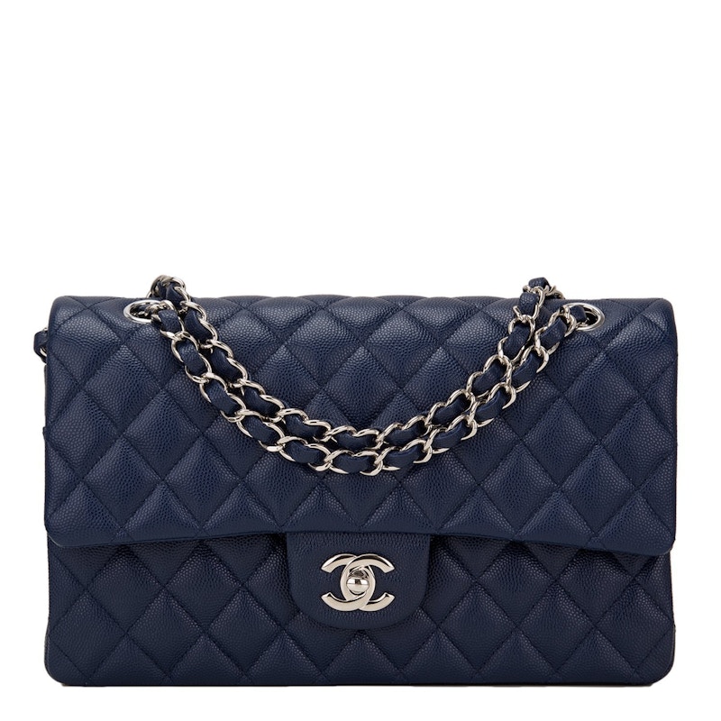 Chanel Classic Double Flap Quilted Caviar Silver-tone Medium Navy Blue
