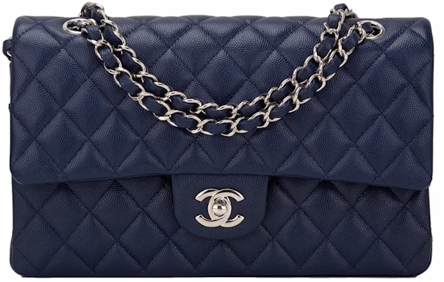 Chanel Classic Double Flap Quilted Caviar Silver-tone Medium Navy Blue Buy Chanel Classic Double Flap Quilted Caviar Silver-tone Medium Navy Blue