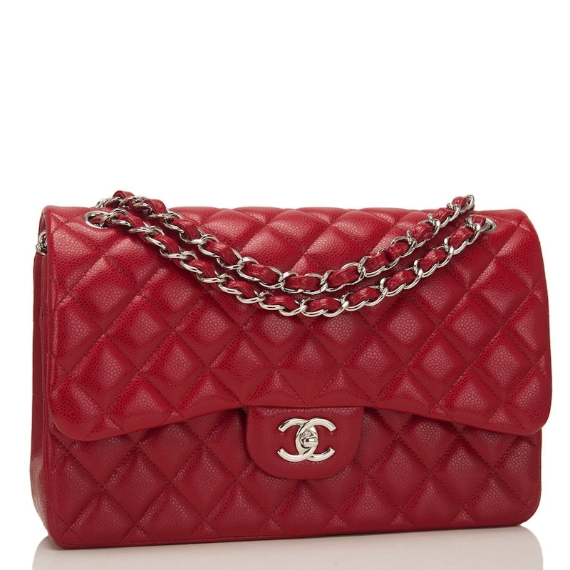 Chanel Classic Double Flap Quilted Caviar Silver-tone Jumbo Red