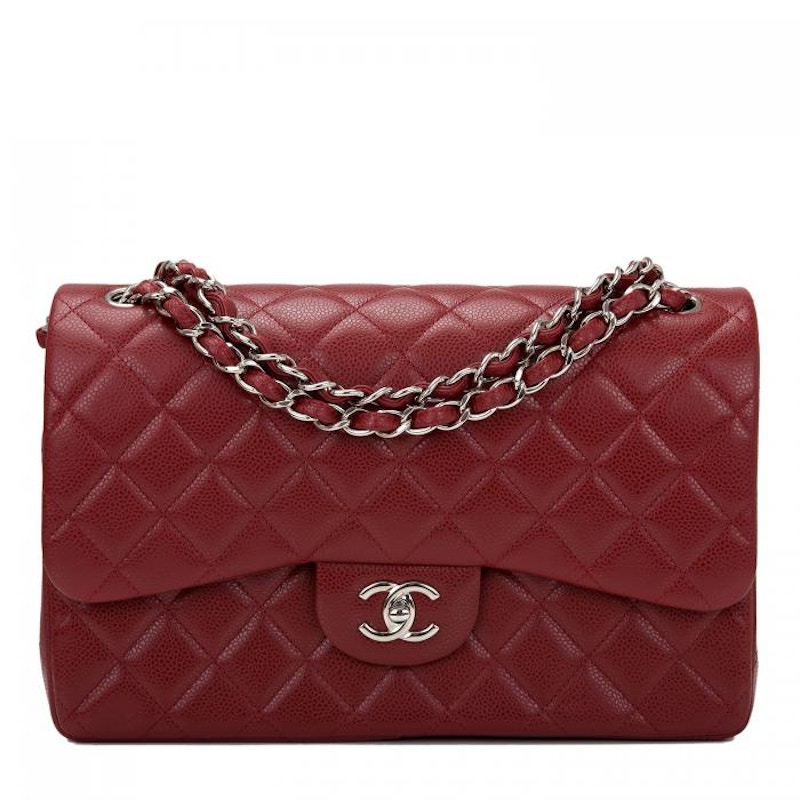 Chanel Classic Double Flap Quilted Caviar Silver-tone Jumbo Dark Red