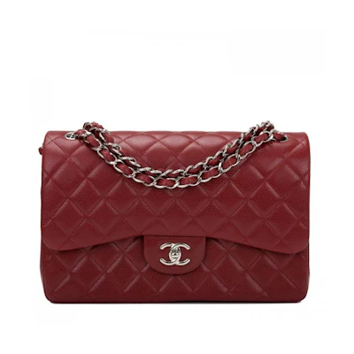 Chanel Classic Double Flap Quilted Caviar Silver-tone Jumbo Dark Red