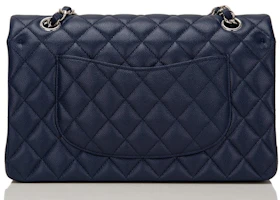 Order Chanel Clásico Flap Doble Acolchado Caviar Azul Marino Mediano Plateado