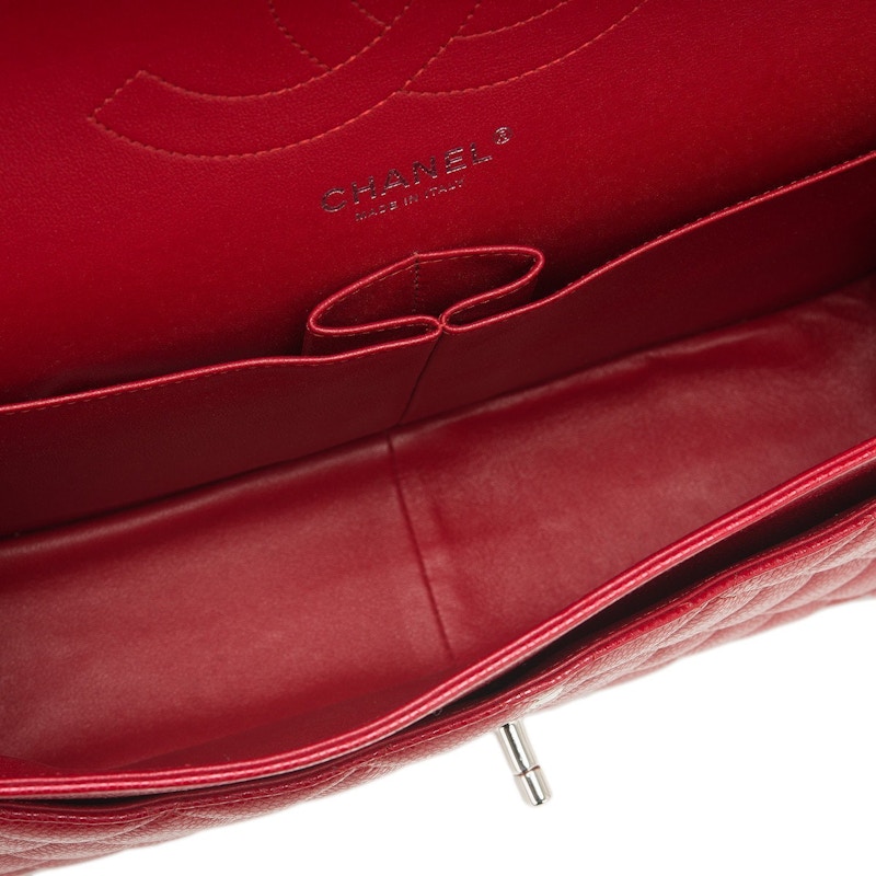 Lookbook Chanel Klasik Double Flap Quilted Caviar Silver-tone Jumbo Merah