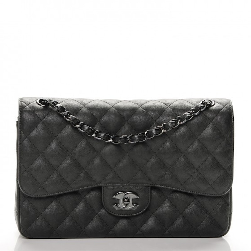 Chanel Classic Double Flap Quilted Crumple Calfskin Gunmetal Jumbo So Black