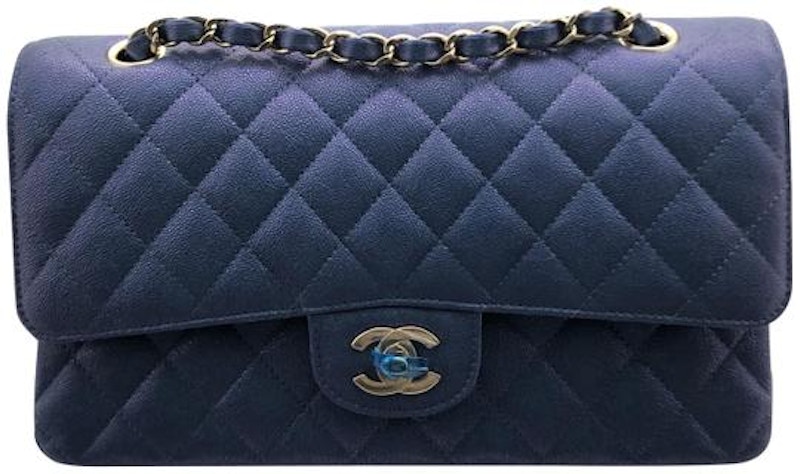 Chanel Classic Double Flap Quilted Iridescent Caviar Gold-tone Medium Blue