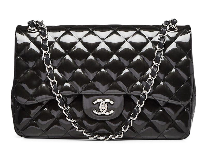 Chanel Classic Double Flap Quilted Patent Leather Silver-tone Jumbo Dark Grey