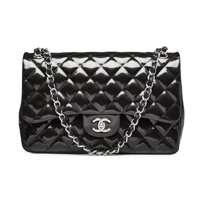 Chanel Classic Double Flap Quilted Patent Leather Silver-tone Jumbo Dark Grey