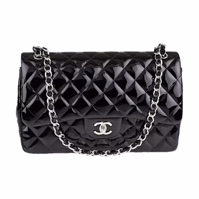Chanel Classic Double Flap Quilted Patent Leather Silver-tone Jumbo Black