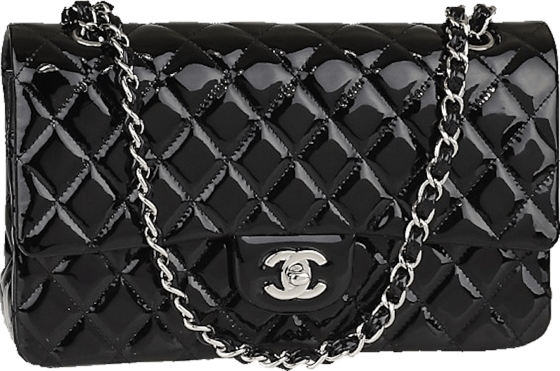 Chanel Classic Double Flap Quilted Patent Leather Silver-tone Medium Black