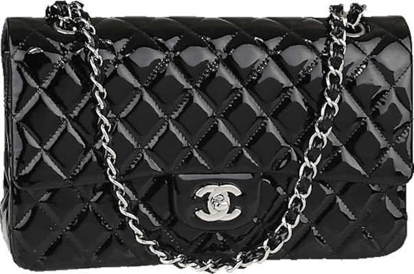 Chanel Classic Double Flap Quilted Patent Leather Silver-tone Medium Black Buy Chanel Classic Double Flap Quilted Patent Leather Silver-tone Medium Black