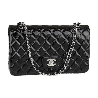 Chanel Classic Double Flap Quilted Patent Leather Silver-tone Medium Black