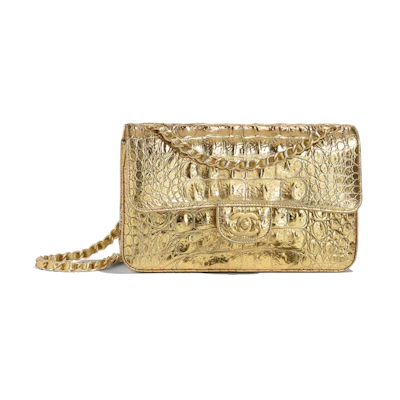 Chanel Classic Handbag Metallic Crocodile Emobssed Calfskin Gold-tone Small Gold