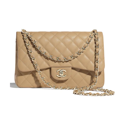 Chanel Classic Handbag Quilted Gold-tone Large Beige