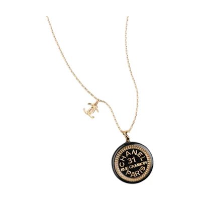 CHANEL Classic Logo Long Metal Necklace Black Gold. AB9012-B08625-NJ193