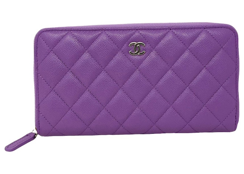 Chanel Classic Quilted Caviar Leather Wallet Card Case Purple