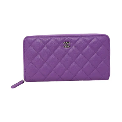 Chanel Classic Quilted Caviar Leather Wallet Card Case Purple