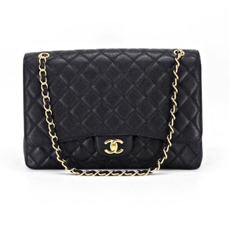 Chanel Classic Single Flap Quilted Caviar Gold-tone Maxi Black