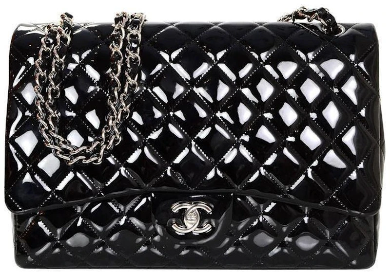 chanel-classic-single-flap-quilted-patent-leather-silver-tone-maxi-black