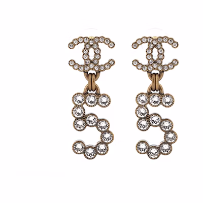 CHANEL Classic Vintage Gold No.5 Double C Earrings with Clear Crystals. AB3814-B02994-N6909