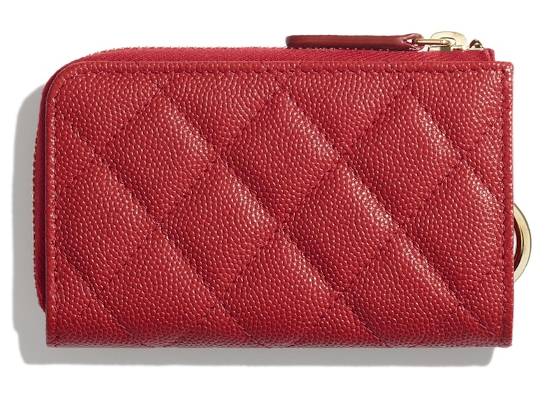 Order 香奈兒經典拉鍊鑰匙包，菱格紋粒面小牛皮，金色調，紅色。