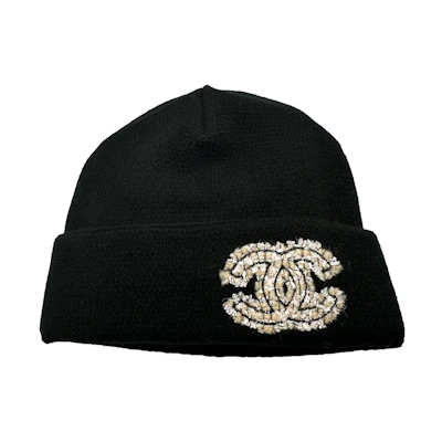 Chanel Cloche Black White Beige CC Logo Beanie AA8603 Black