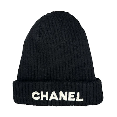 Chanel Cloche White Sequin Letter Logo Beanie AA8446 Black