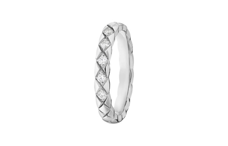 CHANEL COCO CRUSH Platinum Diamond Ring Quilted Pattern Couple Unisex Silver J11355